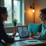 A manager in an office and a remote employee at home connect in a video call, separated by their environments but engaged in a focused conversation.