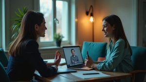 A manager in an office and a remote employee at home connect in a video call, separated by their environments but engaged in a focused conversation.