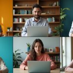 Six people in a midday video call from different homes, each space uniquely styled and naturally lit, illustrating the blend of closeness and distance in remote teamwork.