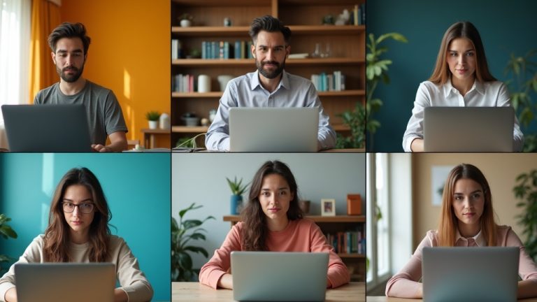 Six people in a midday video call from different homes, each space uniquely styled and naturally lit, illustrating the blend of closeness and distance in remote teamwork.