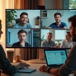 Remote team members engage in asynchronous collaboration from home offices, faces lit by soft natural light on overlapping video screens, illustrating thoughtful teamwork across locations.
