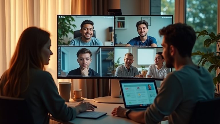 Remote team members engage in asynchronous collaboration from home offices, faces lit by soft natural light on overlapping video screens, illustrating thoughtful teamwork across locations.