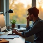 Remote worker at a cluttered desk gazing toward a sunlit window, balancing focus with signs of fatigue and longing during late morning hours.