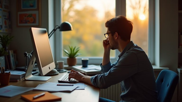 Remote worker at a cluttered desk gazing toward a sunlit window, balancing focus with signs of fatigue and longing during late morning hours.