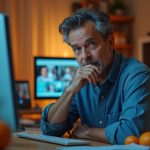 Remote worker at a cluttered home office desk surrounded by digital screens during a video call, balancing focus and mild overwhelm in a cozy, warmly lit room.