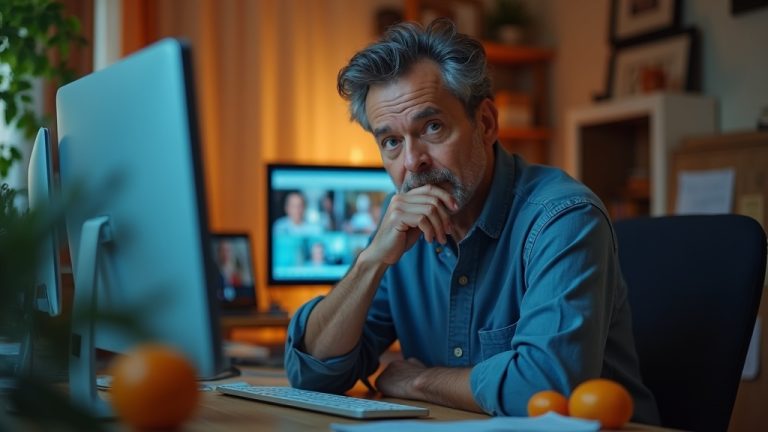 Remote worker at a cluttered home office desk surrounded by digital screens during a video call, balancing focus and mild overwhelm in a cozy, warmly lit room.
