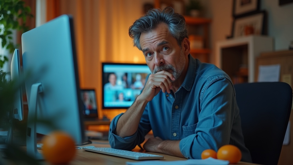 Remote worker at a cluttered home office desk surrounded by digital screens during a video call, balancing focus and mild overwhelm in a cozy, warmly lit room.