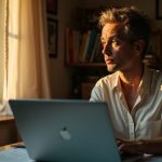 A person in a cluttered home office holds a laptop near a window, looking toward a Wi-Fi booster with a determined yet frustrated expression, warm sunlight highlighting the small, lived-in workspace.