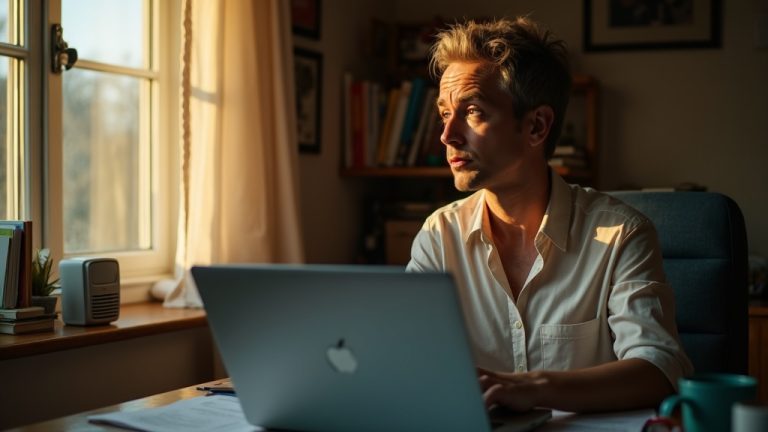 A person in a cluttered home office holds a laptop near a window, looking toward a Wi-Fi booster with a determined yet frustrated expression, warm sunlight highlighting the small, lived-in workspace.