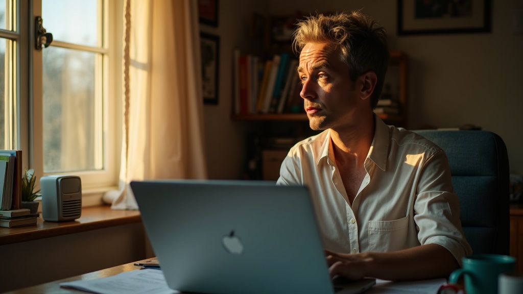 A person in a cluttered home office holds a laptop near a window, looking toward a Wi-Fi booster with a determined yet frustrated expression, warm sunlight highlighting the small, lived-in workspace.