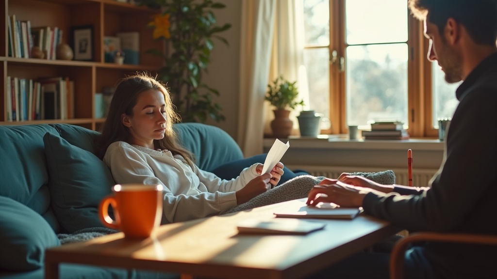 Couple in a warmly lit shared home office, each focused on separate tasks, reflecting both connection and subtle tension.