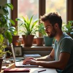 Remote worker at a cozy, sunlit home desk with vibrant surroundings, focused on laptop and privacy essentials amid everyday clutter.