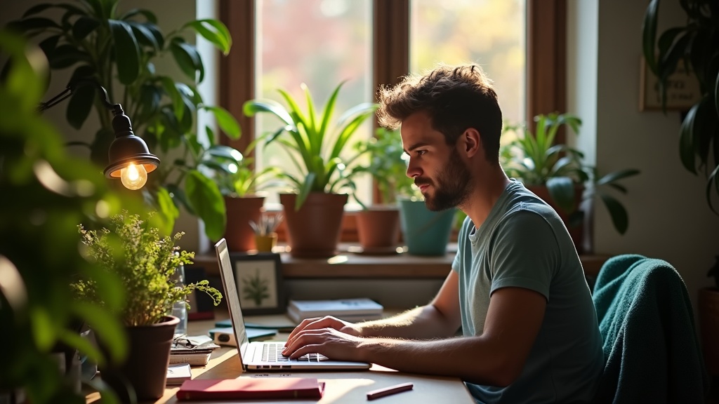Remote worker at a cozy, sunlit home desk with vibrant surroundings, focused on laptop and privacy essentials amid everyday clutter.