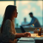 A remote worker gazes thoughtfully out a window from a cozy home office, highlighting the contrast between isolation indoors and blurred office activity outside.