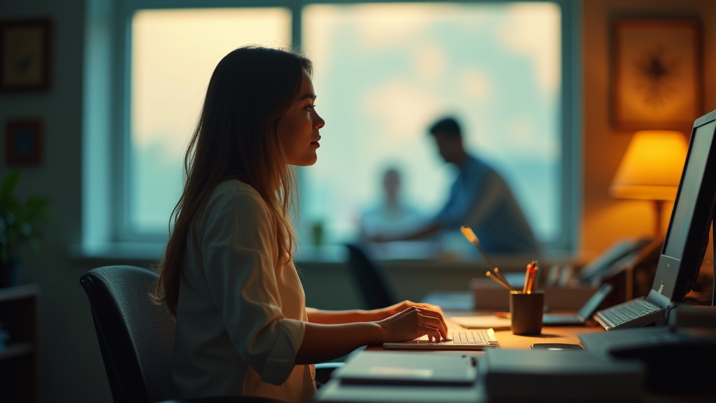 A remote worker gazes thoughtfully out a window from a cozy home office, highlighting the contrast between isolation indoors and blurred office activity outside.