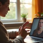 A focused person gestures while video chatting on a laptop with a confused coworker, highlighting a remote communication issue.