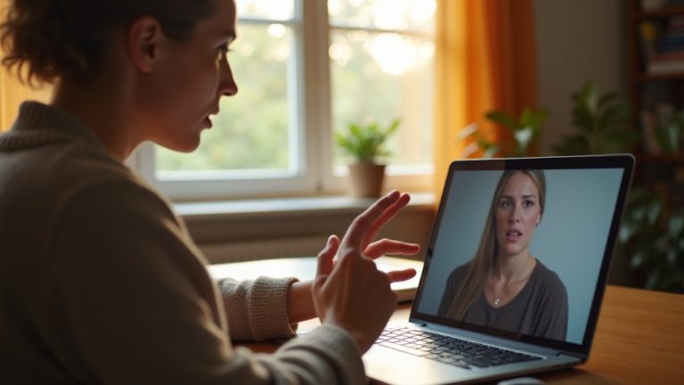 A focused person gestures while video chatting on a laptop with a confused coworker, highlighting a remote communication issue.