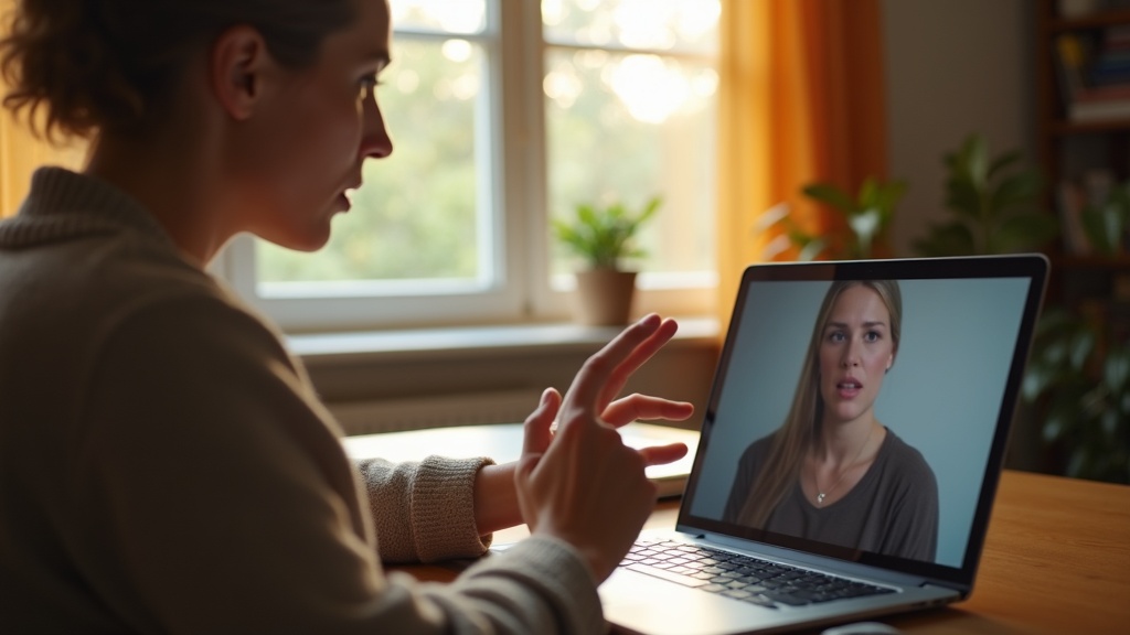 A focused person gestures while video chatting on a laptop with a confused coworker, highlighting a remote communication issue.