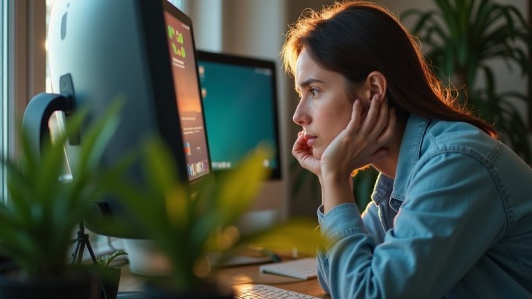 Remote worker at home desk leaning forward among glowing screens, looking thoughtful and tired, with afternoon sunlight and vibrant decor in the background.