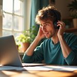 A person in their 30s adjusts a headset at a sunlit home workspace, readying for their first remote workday amid personal and professional desk items.