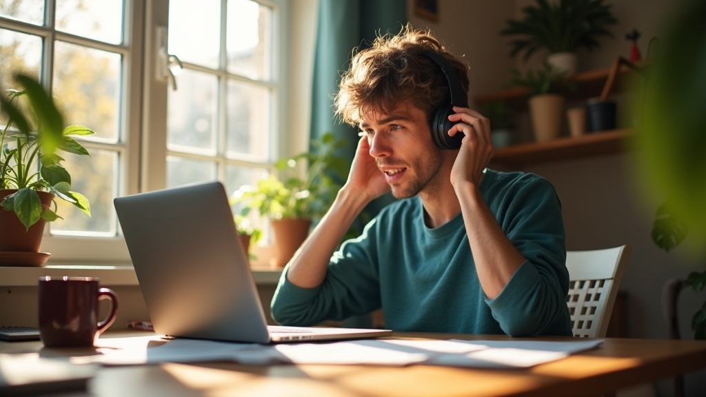 A person in their 30s adjusts a headset at a sunlit home workspace, readying for their first remote workday amid personal and professional desk items.