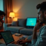 Remote team members in a cozy living room, partially visible and engaged with their devices, highlighting both connection and isolation in a daily virtual meeting.