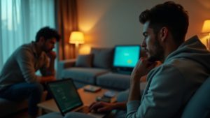 Remote team members in a cozy living room, partially visible and engaged with their devices, highlighting both connection and isolation in a daily virtual meeting.