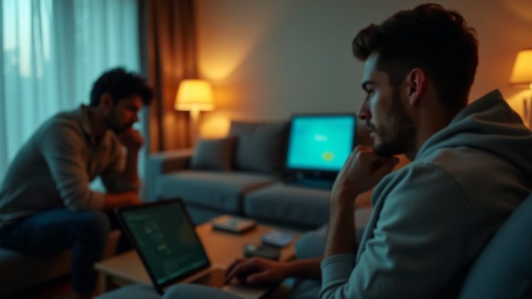 Remote team members in a cozy living room, partially visible and engaged with their devices, highlighting both connection and isolation in a daily virtual meeting.