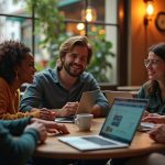 Remote workers connecting in a lively afternoon café, engaging in in-person and virtual conversations with genuine, expressive faces.
