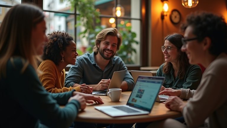 Remote workers connecting in a lively afternoon café, engaging in in-person and virtual conversations with genuine, expressive faces.