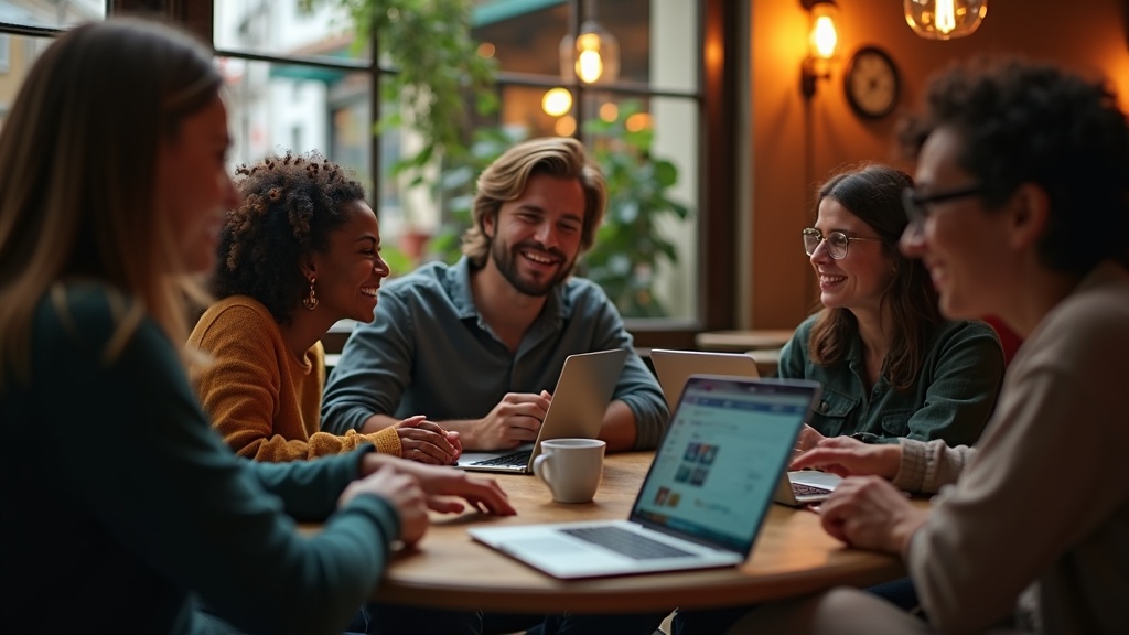 Remote workers connecting in a lively afternoon café, engaging in in-person and virtual conversations with genuine, expressive faces.