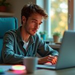 A focused remote worker at a sunlit desk surrounded by colorful, practical gadgets in a cozy home office setting.