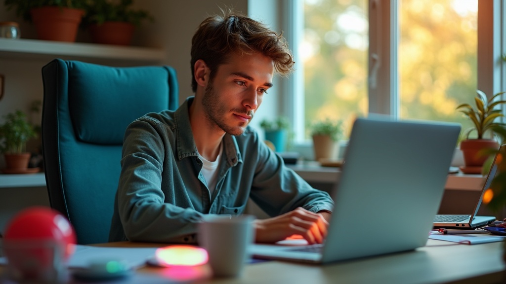 A focused remote worker at a sunlit desk surrounded by colorful, practical gadgets in a cozy home office setting.