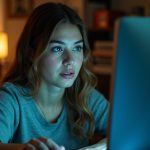 Young adult concentrating on a video call at a cluttered home desk, illuminated by mixed natural and screen lighting, hinting at divided attention in a remote work setting.