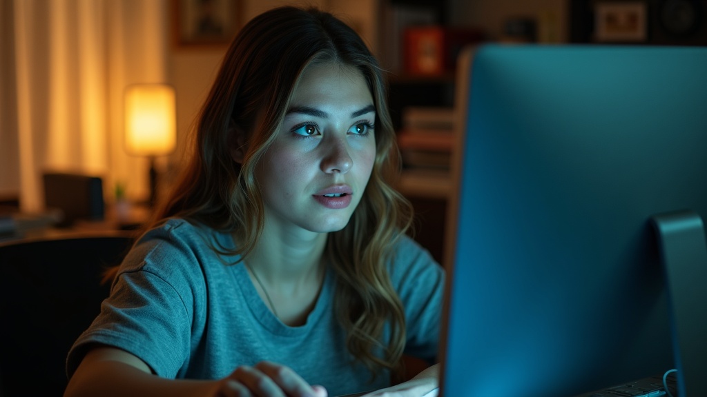 Young adult concentrating on a video call at a cluttered home desk, illuminated by mixed natural and screen lighting, hinting at divided attention in a remote work setting.