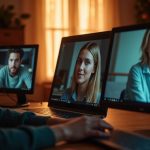 Remote team members engaged in a video call from separate warmly lit home spaces, displaying empathy and connection through candid expressions.
