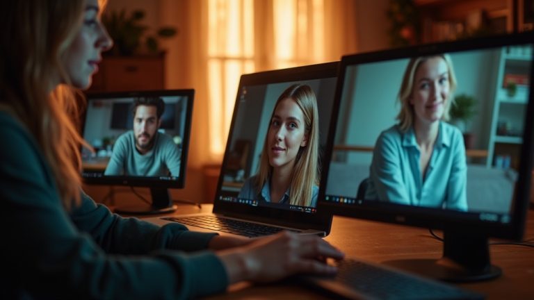 Remote team members engaged in a video call from separate warmly lit home spaces, displaying empathy and connection through candid expressions.