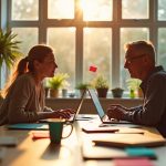 Two remote workers collaborate in a sunlit home office, surrounded by laptops, sticky notes, and plants, highlighting real-world remote teamwork.
