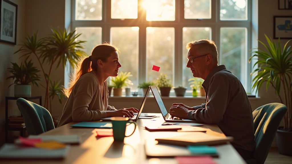 Two remote workers collaborate in a sunlit home office, surrounded by laptops, sticky notes, and plants, highlighting real-world remote teamwork.