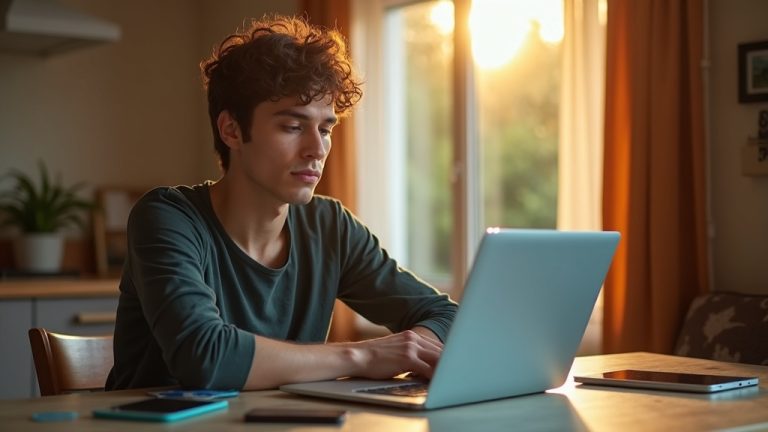 A relaxed adult at a dining table focused on a laptop, surrounded by digital devices in a sunlit home, illustrating easy steps for securing a work-from-home setup.