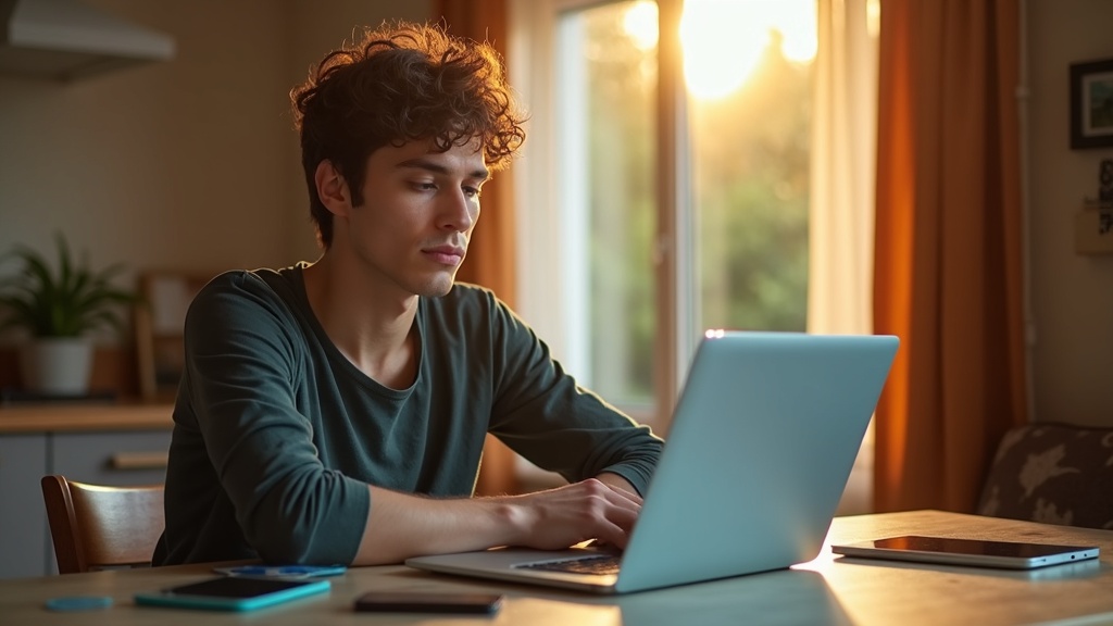 A relaxed adult at a dining table focused on a laptop, surrounded by digital devices in a sunlit home, illustrating easy steps for securing a work-from-home setup.