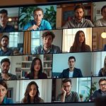 Remote team members on video call in varied home offices, displaying mixed emotions that reflect challenges and engagement in virtual collaboration.