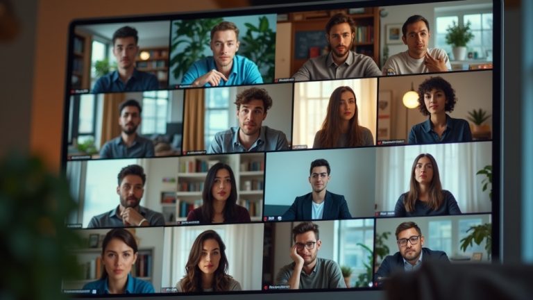 Remote team members on video call in varied home offices, displaying mixed emotions that reflect challenges and engagement in virtual collaboration.