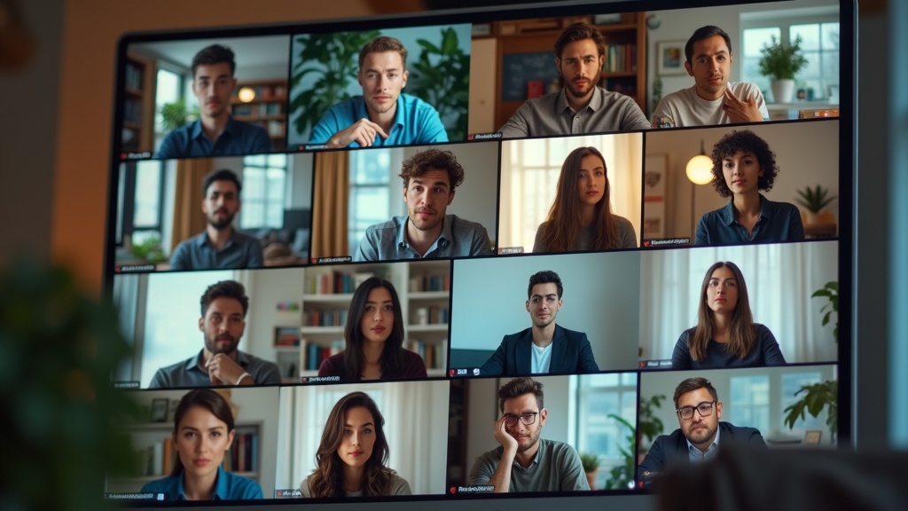 Remote team members on video call in varied home offices, displaying mixed emotions that reflect challenges and engagement in virtual collaboration.