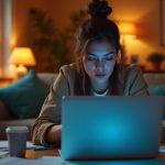 A focused remote worker checks their watch during a busy virtual meeting, with a diverse team visible on a laptop in a sunlit home workspace.