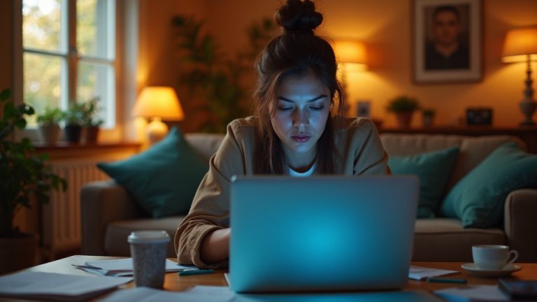 A focused remote worker checks their watch during a busy virtual meeting, with a diverse team visible on a laptop in a sunlit home workspace.