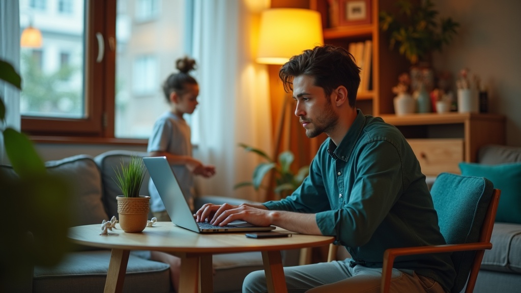 A young professional works intently at a small table in a busy living room, with a child playing behind them and household items creating a cozy but cluttered environment.