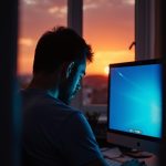 A remote worker in a cozy home office on a video call, focused and slightly fatigued, illuminated by computer screen and sunset light.