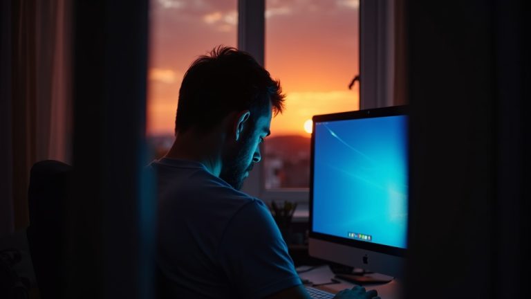 A remote worker in a cozy home office on a video call, focused and slightly fatigued, illuminated by computer screen and sunset light.
