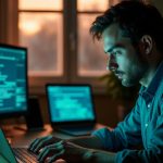 A focused remote worker in a sunlit home office surrounded by colorful monitors showing real-time software glitches.